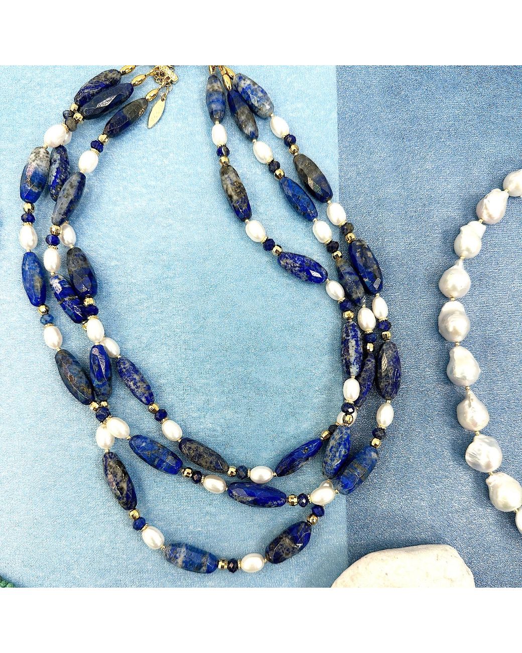 Farra Blue Lapis With Freshwater Pearls Multi-Layers Necklace