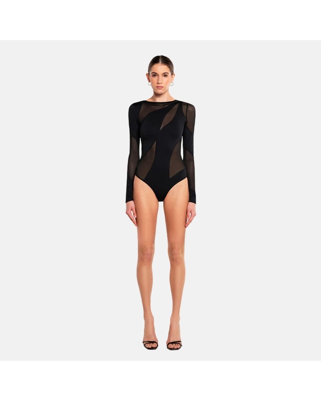 OW Collection Black Spiral Mesh Long Sleeve Bodysuit