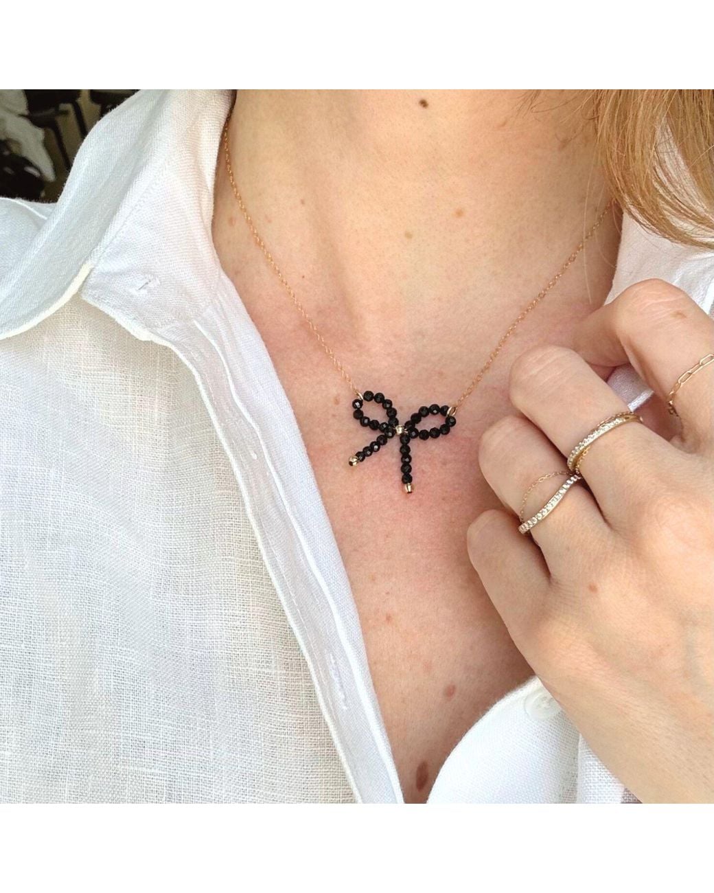 Herself Collections Black Spinel Bow Charm Necklace