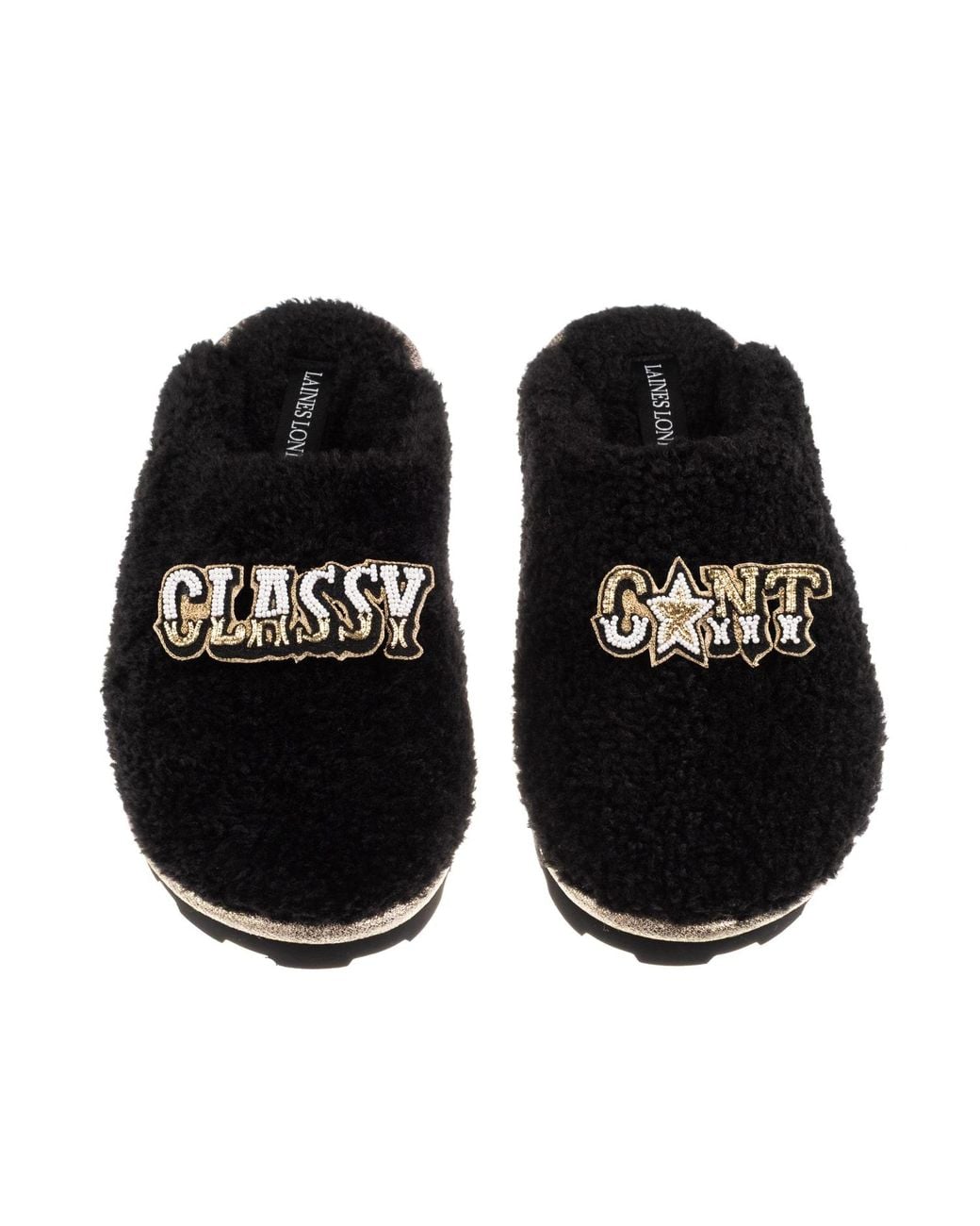 Laines London Black Teddy Closed Toe Slippers With Classy Cunt Brooches