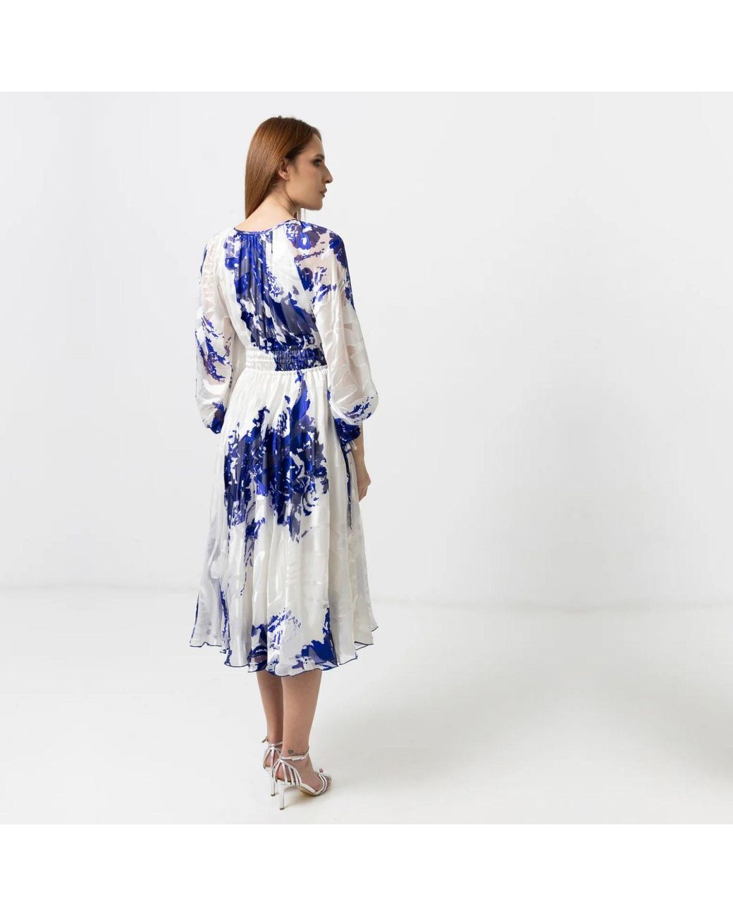 IZABELA MANDOIU Blue Printed Silk Midi Dress With Waist Tie