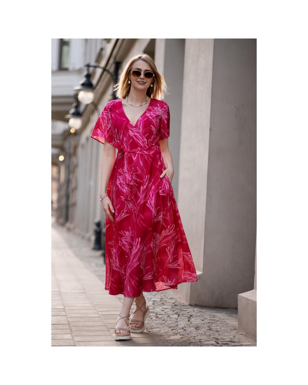 Oh!Zuza Pink Rose Echo Viscose Wrap Dress With Pockets