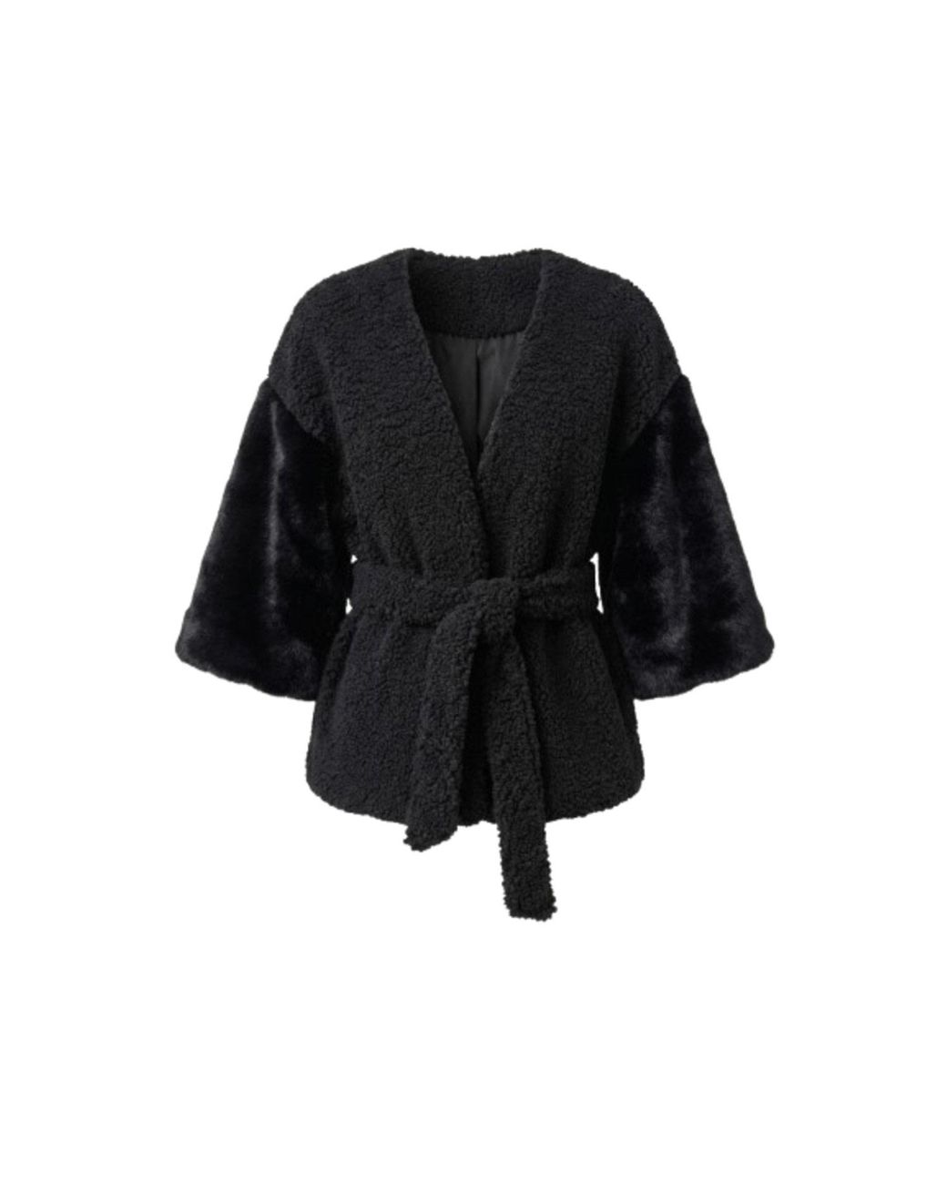 Saachi Black Fur Tie Front Short Kimono
