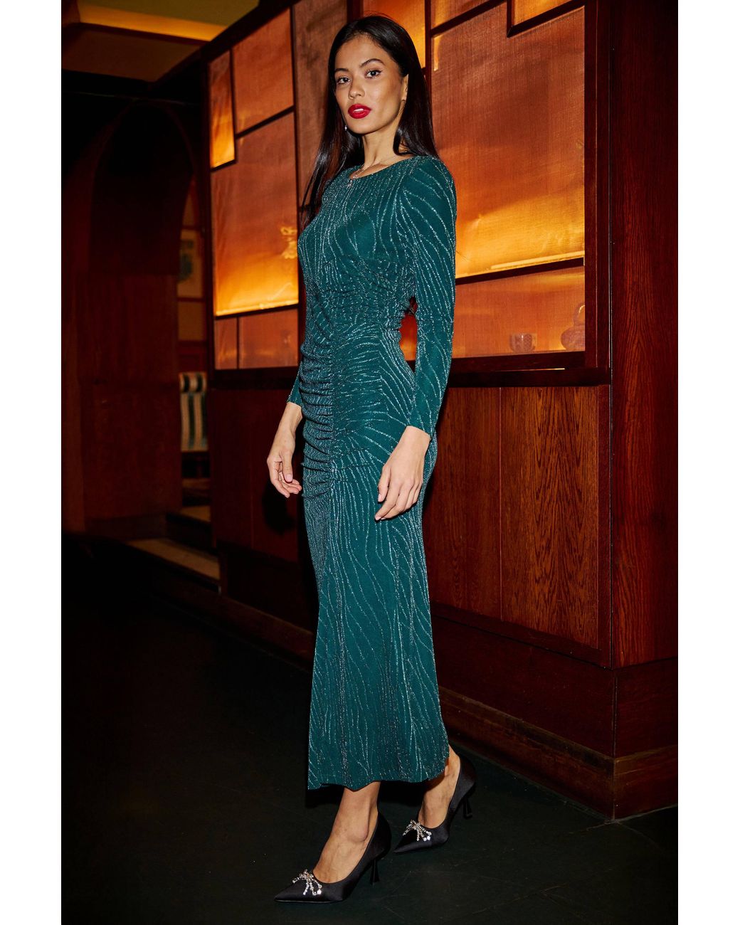 Yumi' Mesh Fitted Ruched Midi Dress With Long Sleeves in Green | Lyst