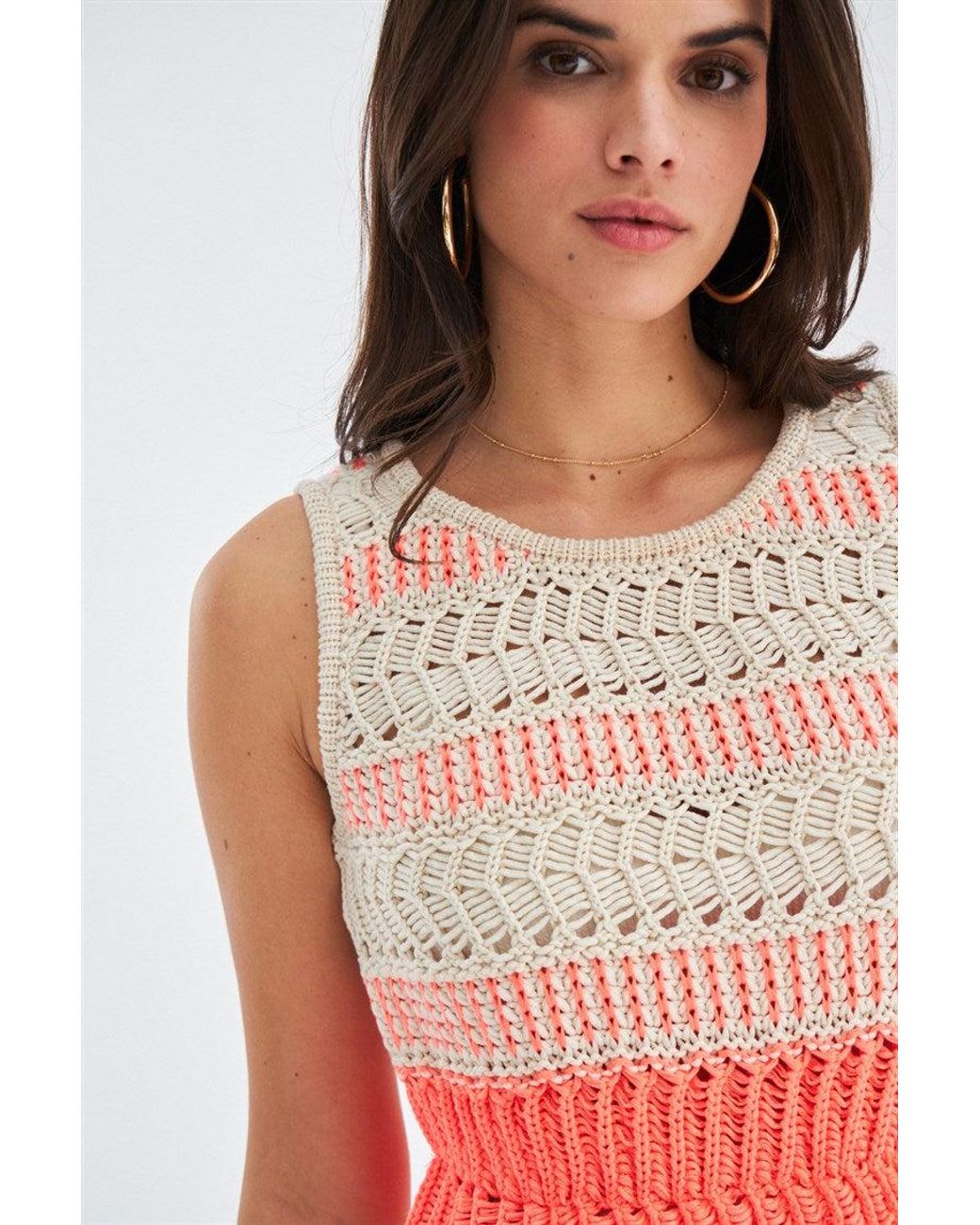 Peraluna Pink Kiyo Sleeveless Above-Knee Tasseled Open Work Summer Knit Dress