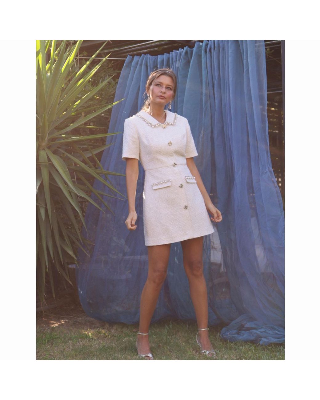 Gushka White Tweed Embellished Mini Dress