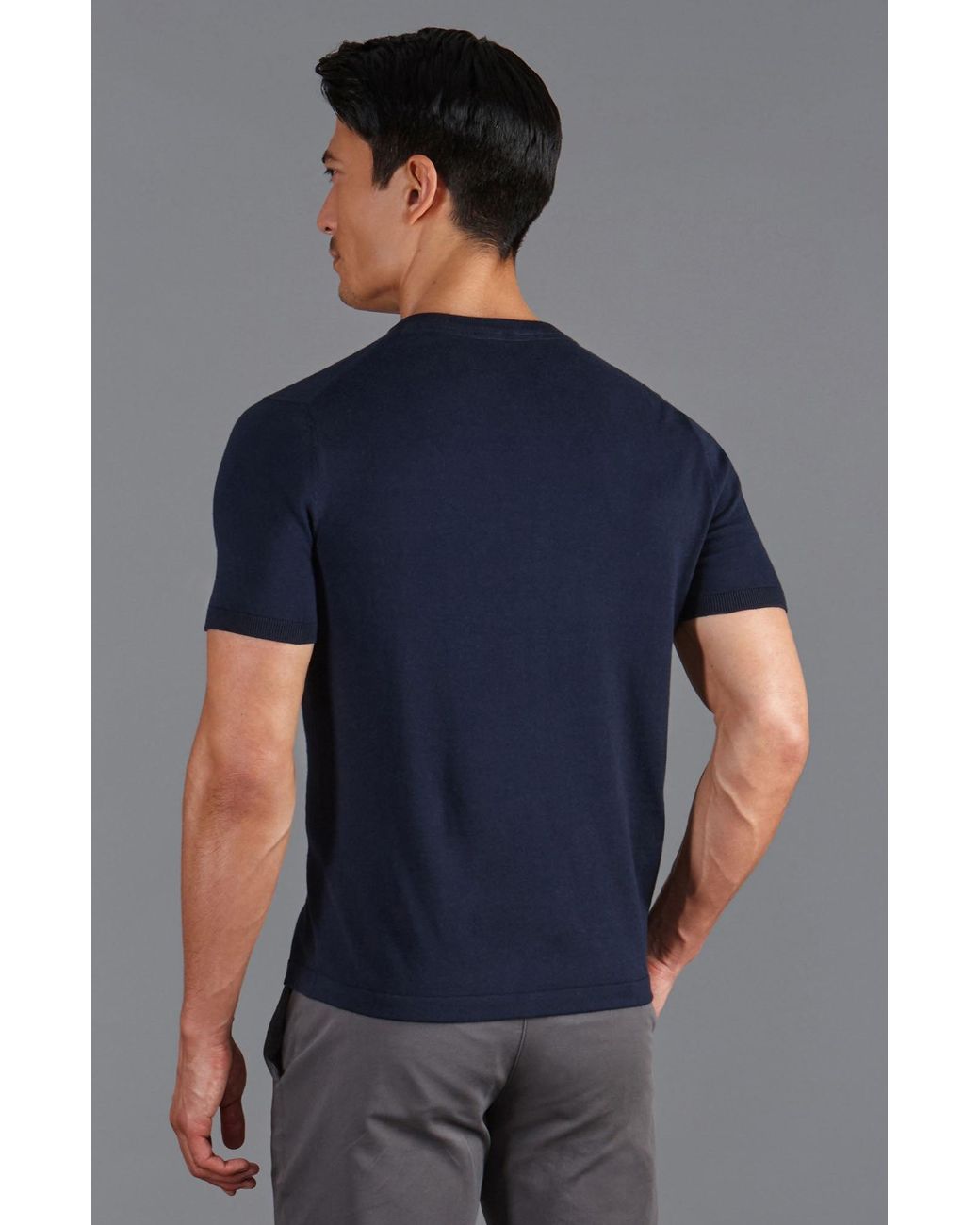 Paul James Knitwear Blue Ultra Fine Cotton Hudson High V Neck Knitted T-Shirt for men