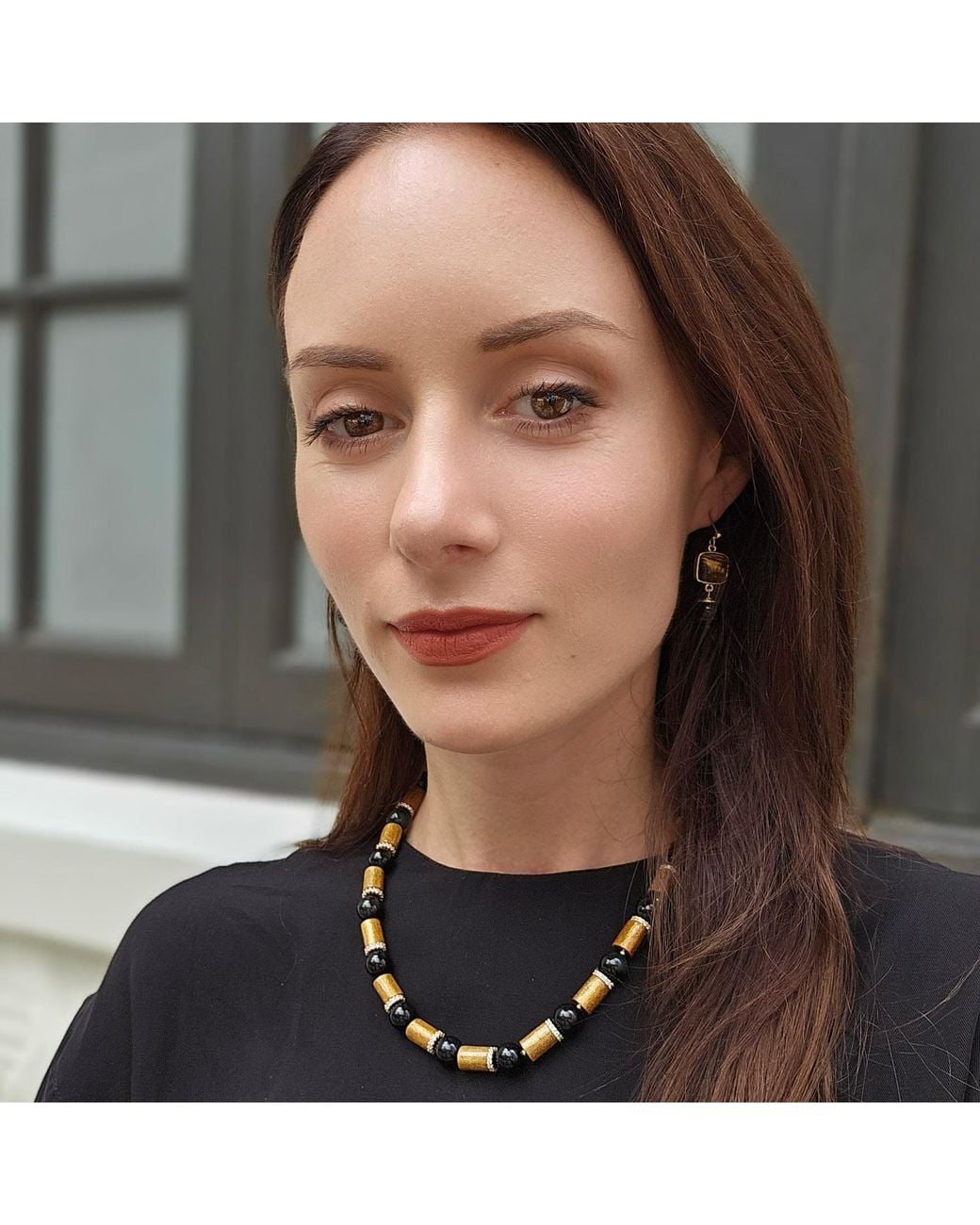 Farra Metallic Tiger-Eye Stone With Obsidian Minimalist Earrings