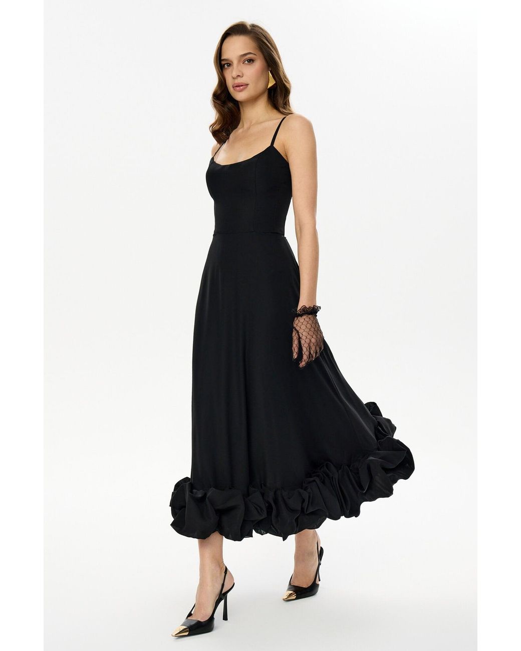 POST MERIDIEM Black Flounce Bustier Midi Dress
