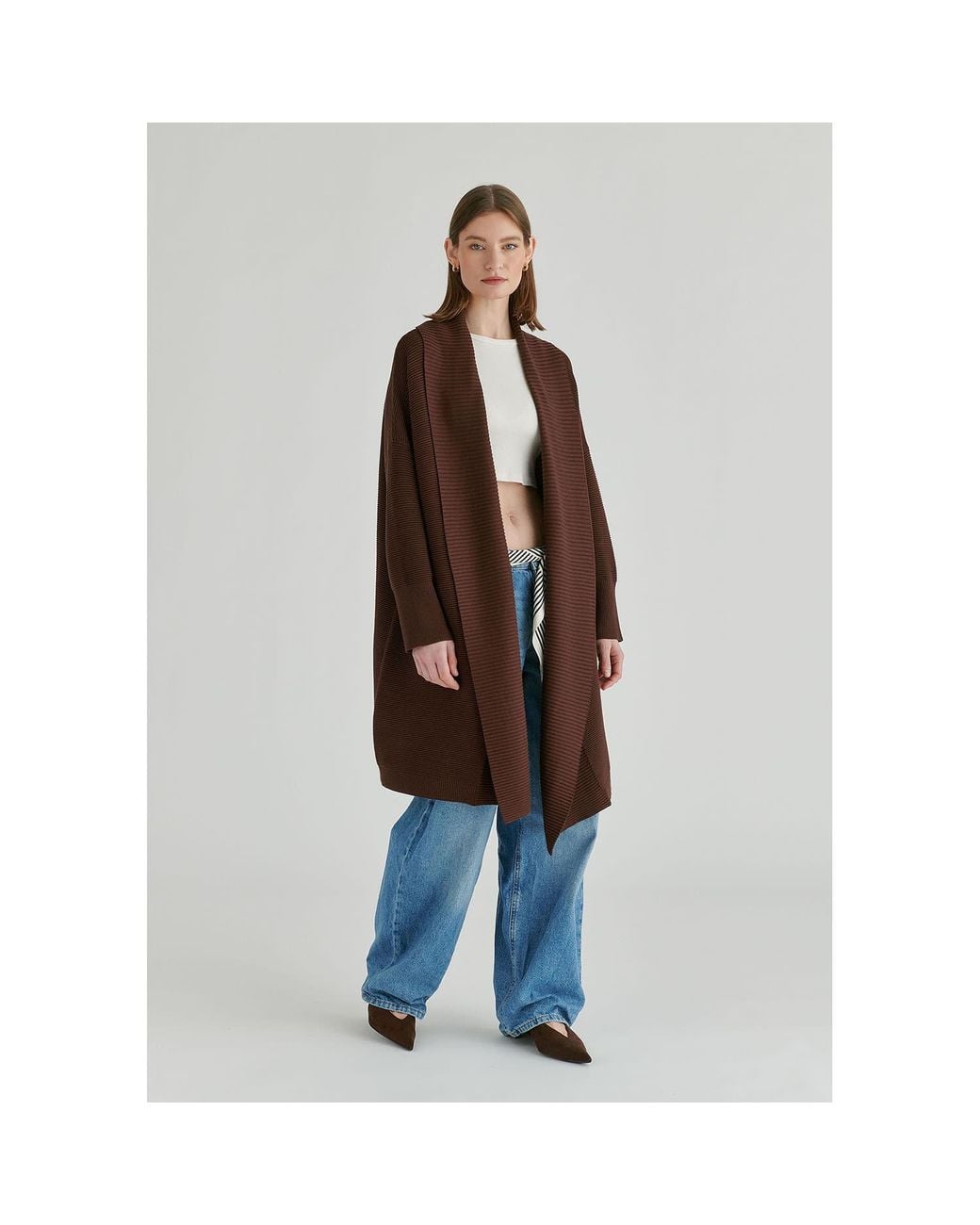 Paisie Brown Draped Collar Ribbed Cardigan