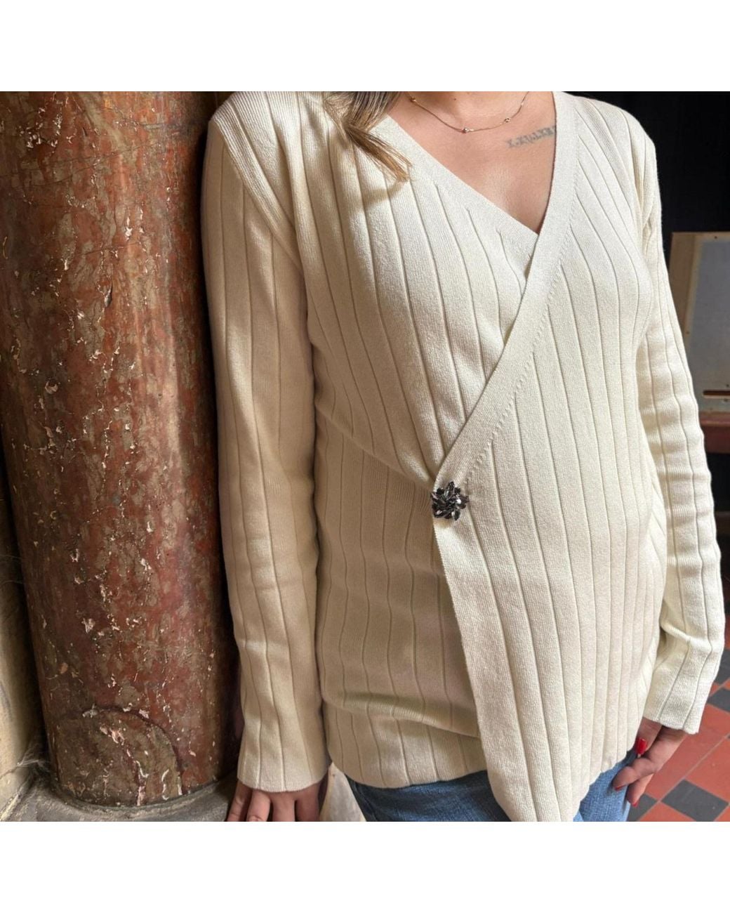 Nuvv Collection White Ivory Ribbed Wrap Knit Sweater