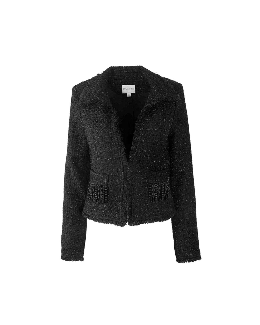 Solgo Atelier Black Tia Crop Shimmering Tweed Bouclé Jacket With Beaded Fringe Details