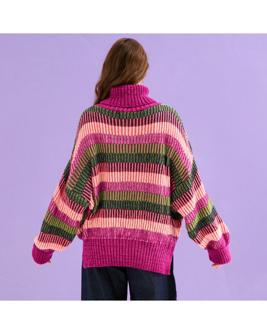 Cara & The Sky Purple Tasha Oversized Balloon Sleeve Stripe Roll Neck Jumper
