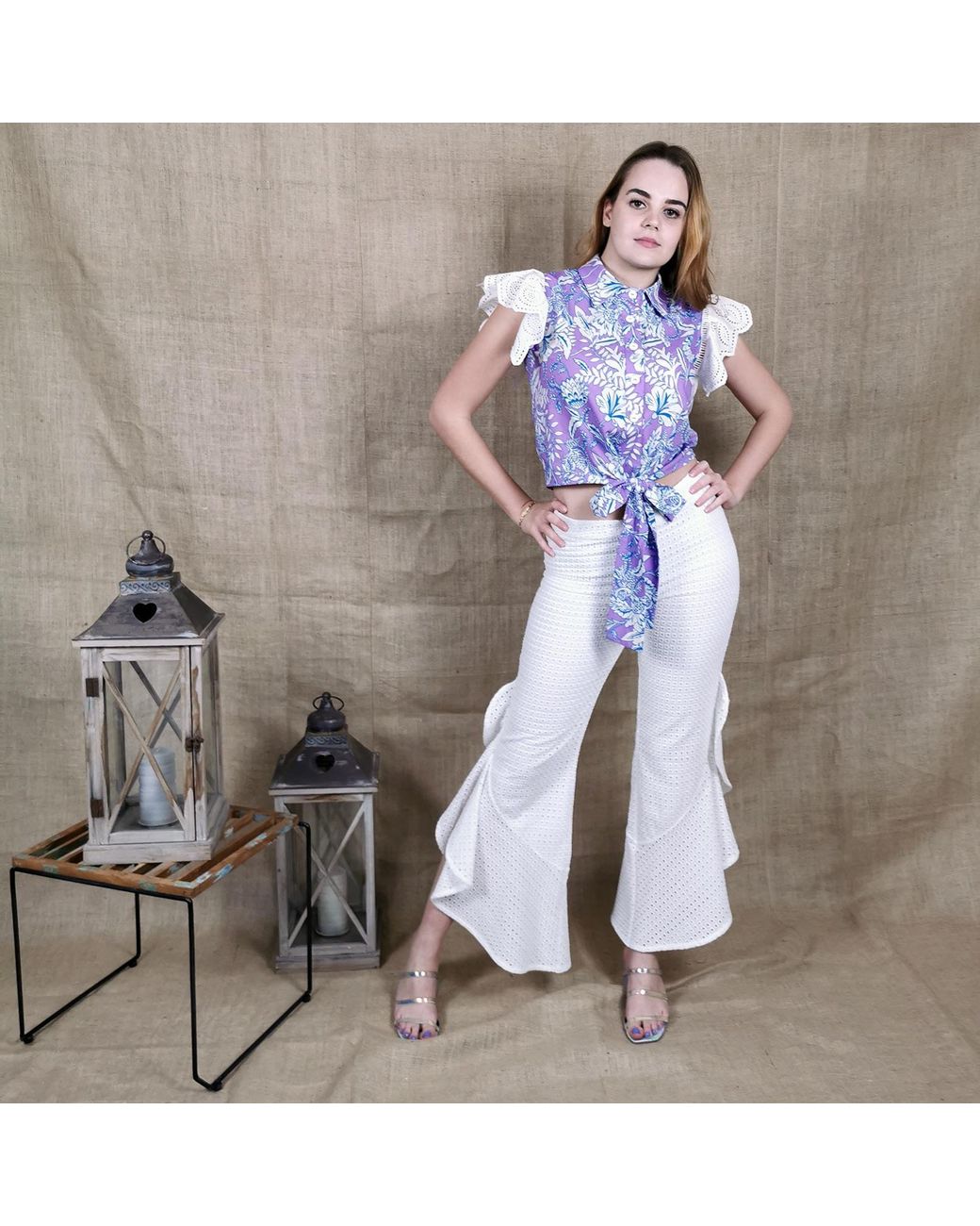 Lalipop Design Blue Cotton Shirt With Ruffled Embroidered Sleeves