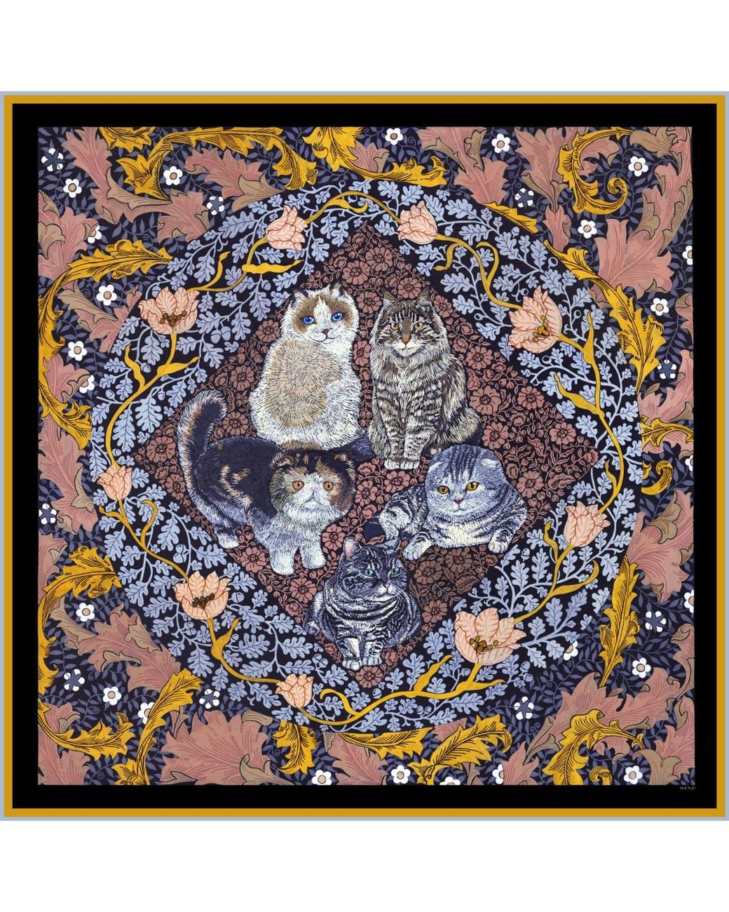 Wenzi Blue Whiskered Court Hand Painted Double Sided Silk Twill Scarf