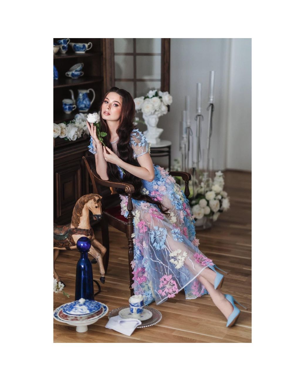 MATSOUR'I Blue Cocktail Dress Hydrangea