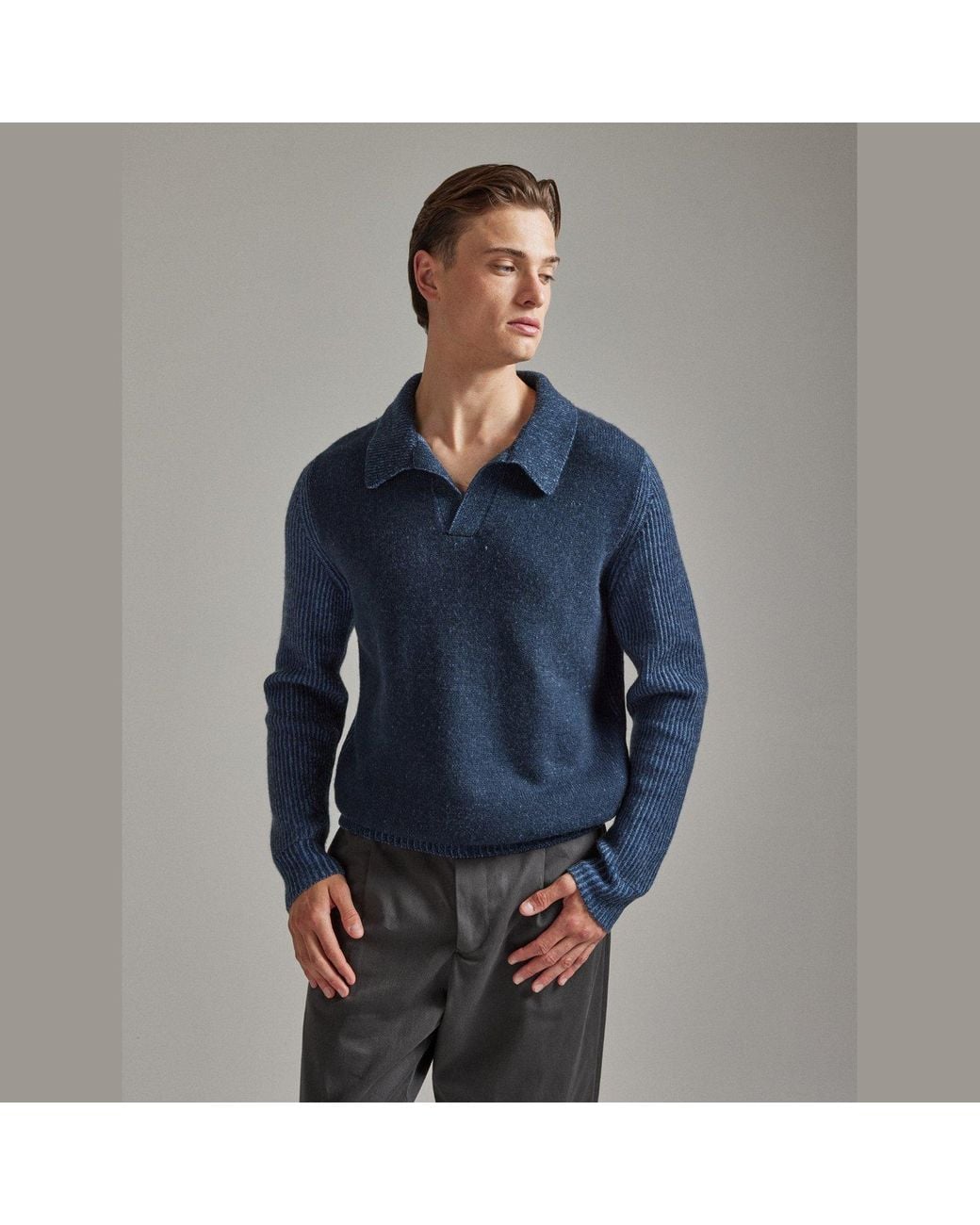 Salts Cashmere Blue Polo Sweater With Fishermens Rib Detailing