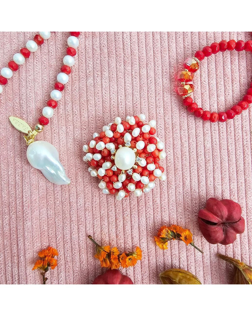 Farra Red Flower Handcrafted Bamboo Coral And Freshwater Pearl Brooch