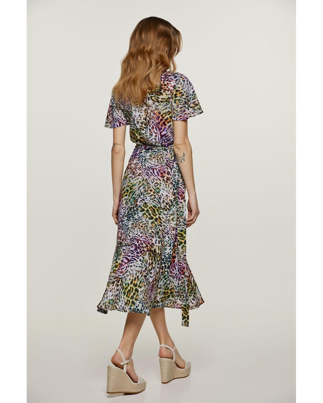 Conquista Multicolor Animal Print Ruffle Detail Wrap Dress