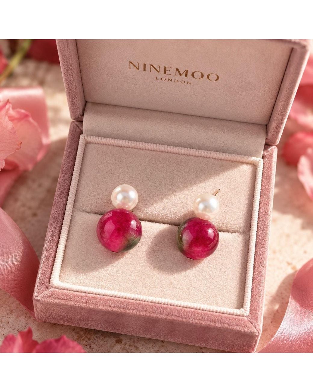 Ninemoo Pink Baie Rose Tourmaline Pearl Earrings