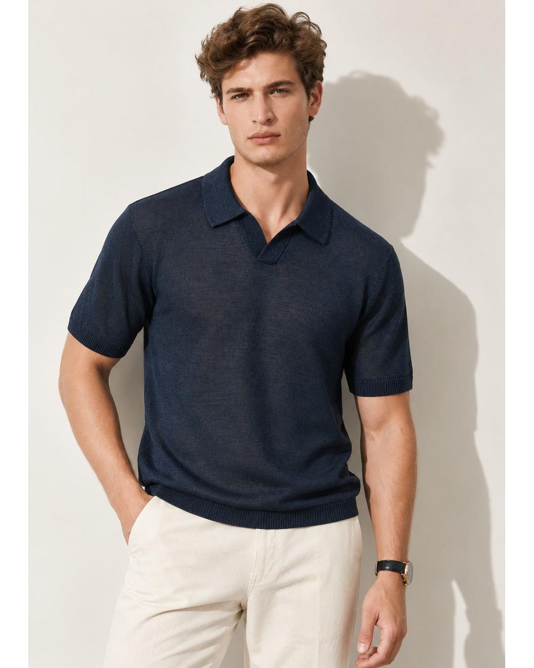 Vayla Blue Fine-Knit Relaxed Fit Open Collar Polo Shirt for men