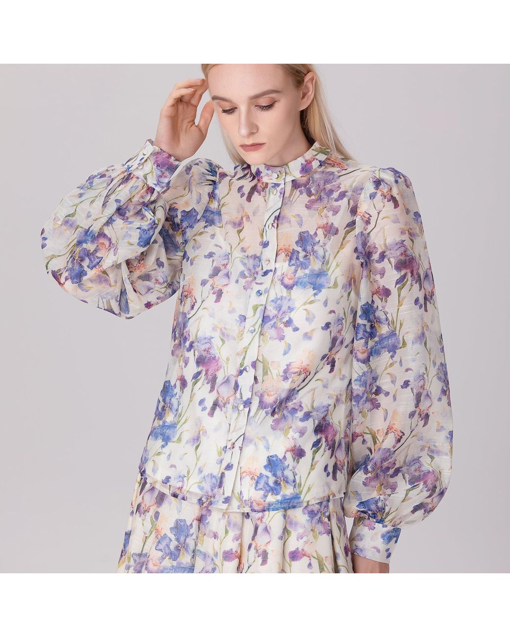Smart and Joy Multicolor Neutrals Flower Print Long Sleeve Organza Shirt