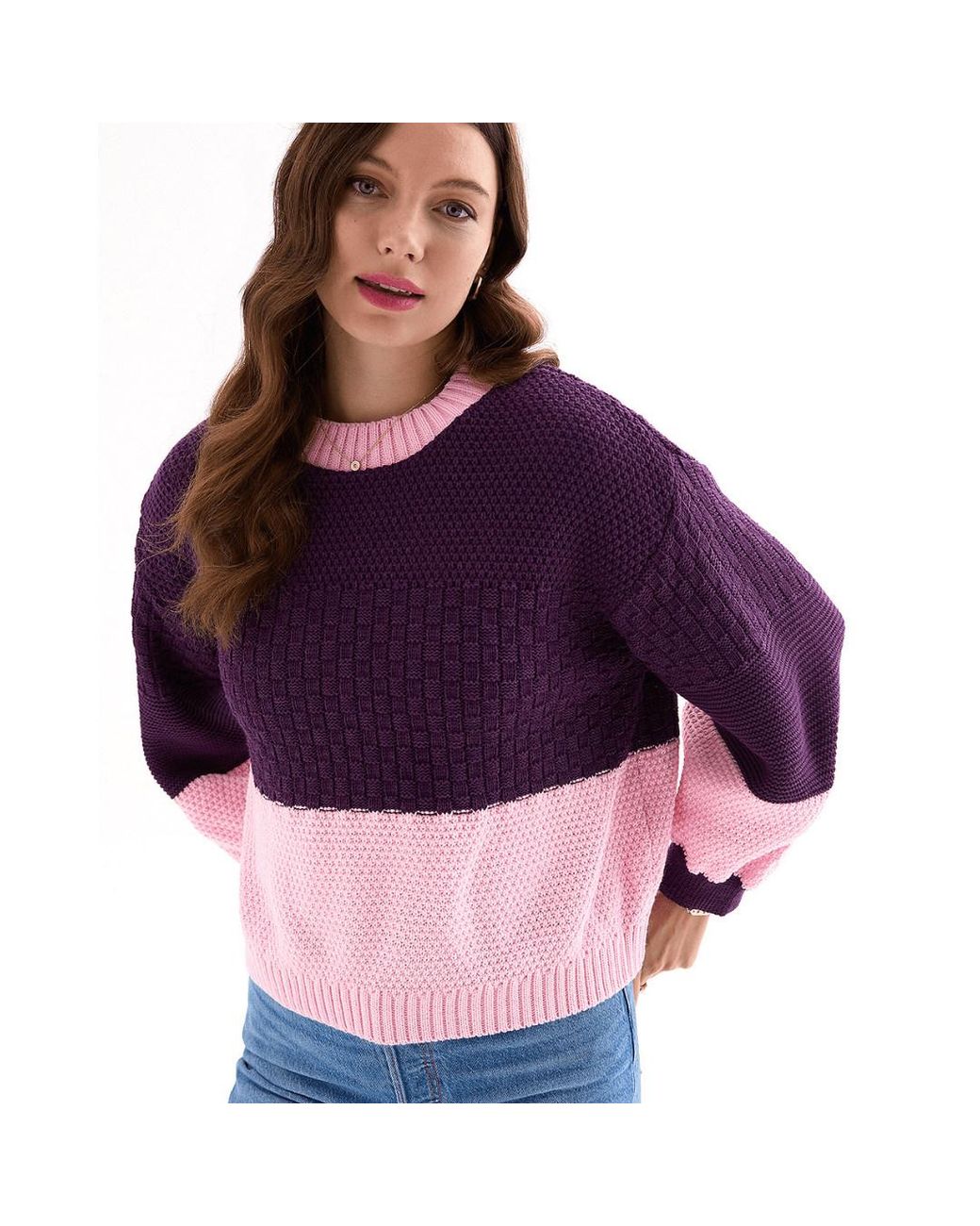 Cara & The Sky Purple Taz Colour Block Balloon Sleeve Jumper