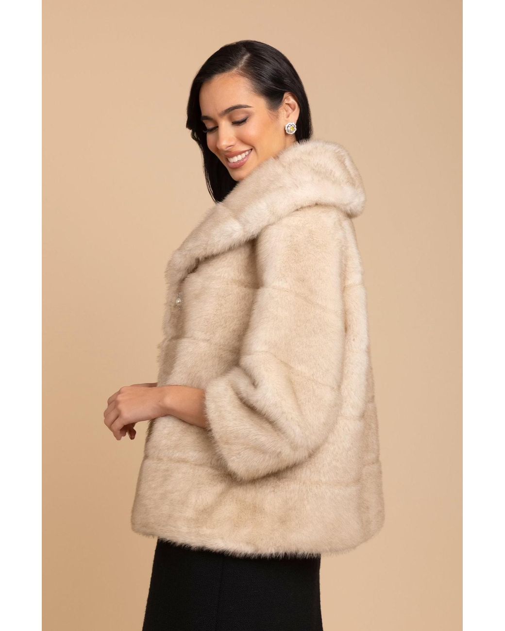 Santinni Natural Satin-Lined Faux Fur Cropped Brooch Coat