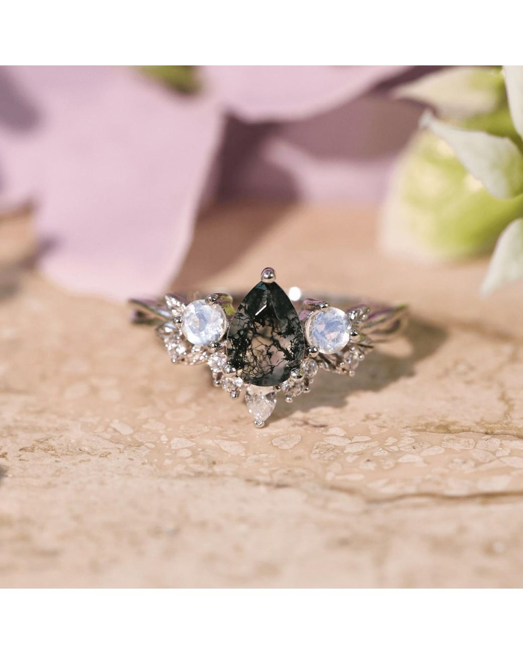Azura Jewelry New York Blue Laurel Grove Moss Agate Moonstone Ring Vermeil