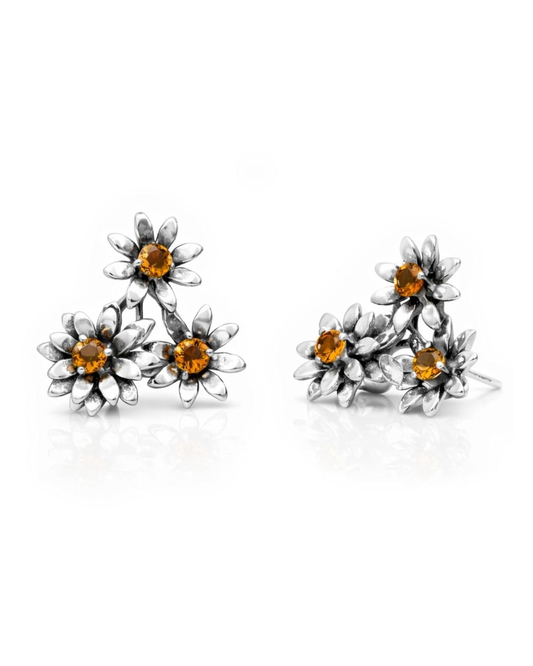 Unaloe Metallic Sterling Flower Earrings With Natural Citrine – Floral Gemstone Earrings, Italian Artisan Jewelry For
