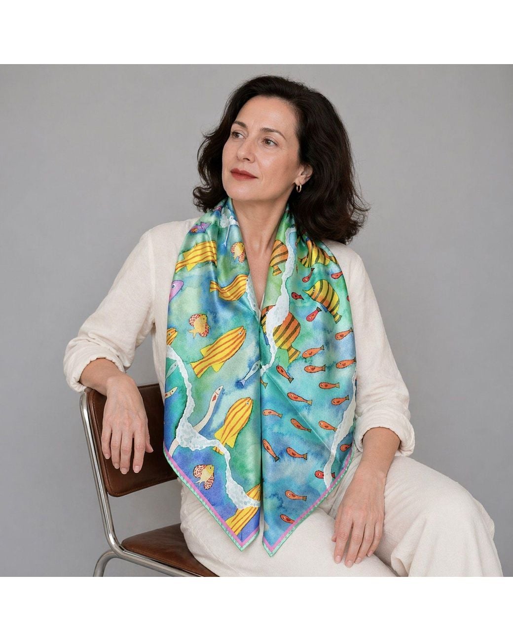 Wenzi Blue Aquatic Serenade Hand Painted Pattern Double Sided Silk Twill Scarf