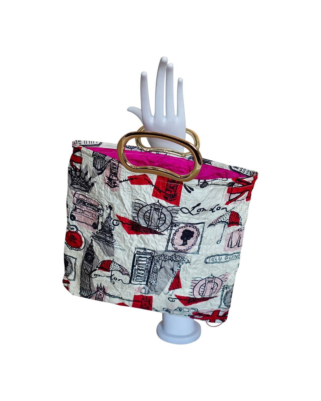 Romer Millinery Purple Morphy Moldable Handle Clutch Upcycled Silk Scarf London Print