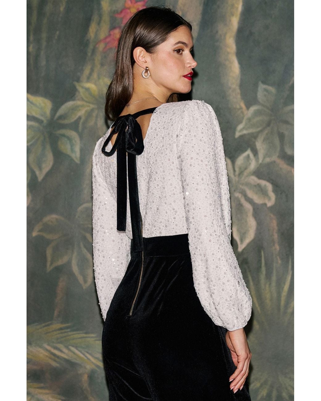 Yumi' Black Ivory Embellished Pearl Sequin Velvet Jumpsuit