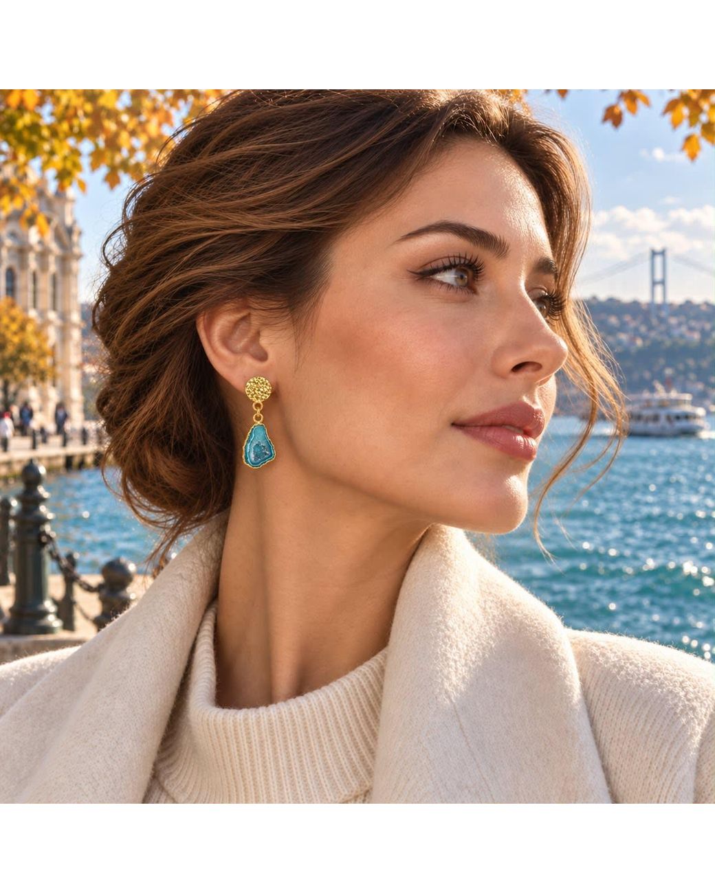 By Ozge Blue Istanbul Bosphorus Agate Druzy Plated Statement Drop Earrings