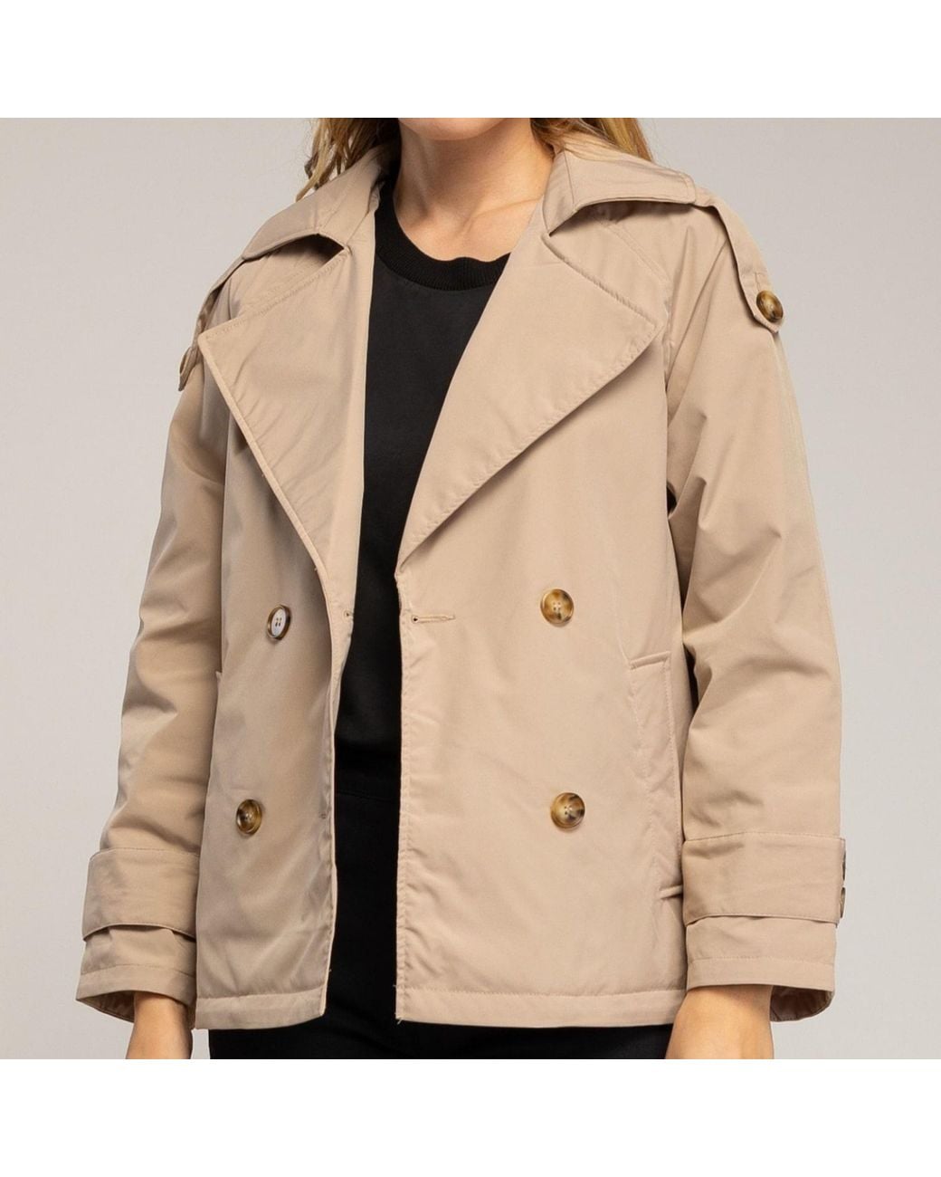 Tantra Spain Sl Natural Neutrals Short Quilted Trench Coat With Double-Breasted Buttons, Side Pockets, And Flared Back