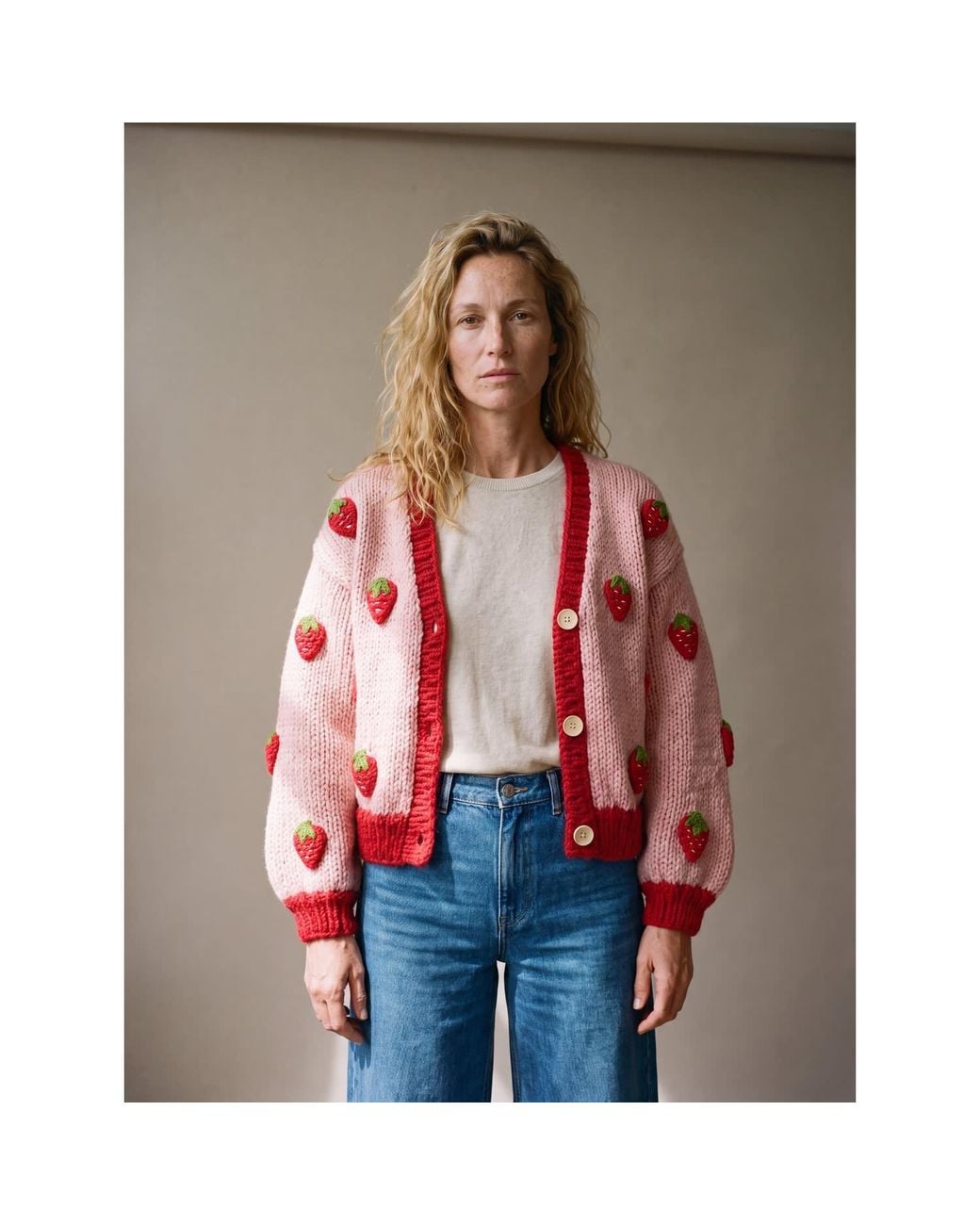 Ana Chic Red Trim Strawberry Handmade Knitted Cardigan