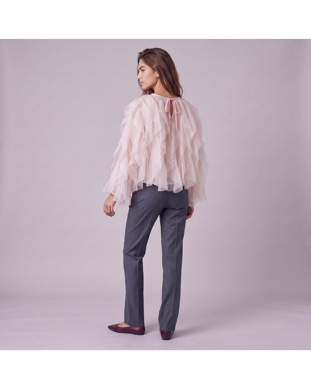 Modenaire Pink Sheer Tiered Ruffle Blouse