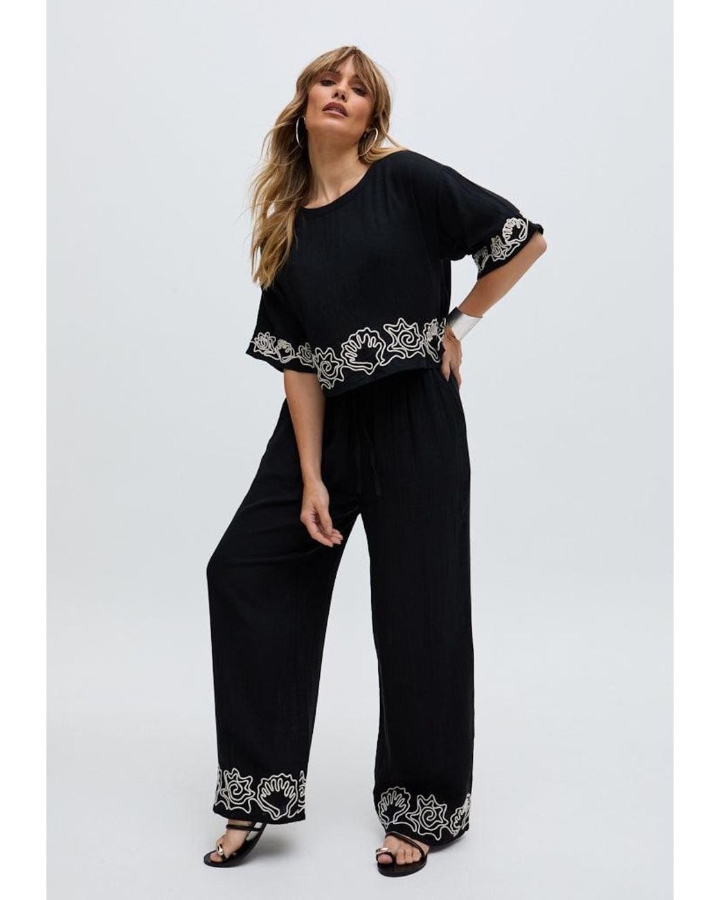 Raffya Black Milly Wide Leg Embroidered Trouser