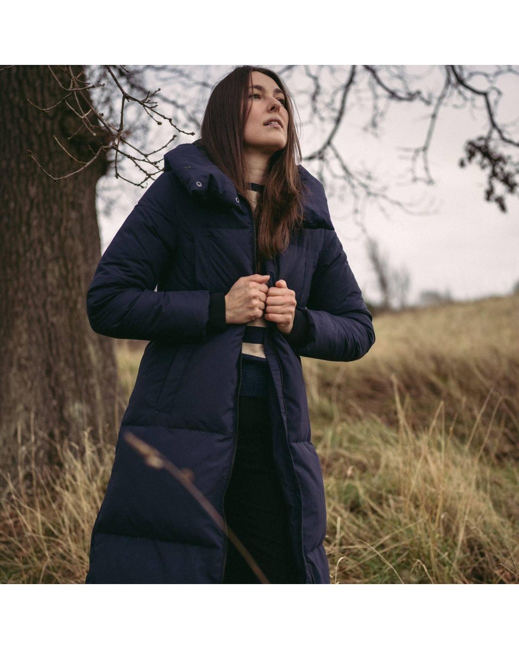 BEIRA Blue Alexis Longline Padded Puffa Coat With Cowl Hood Dark