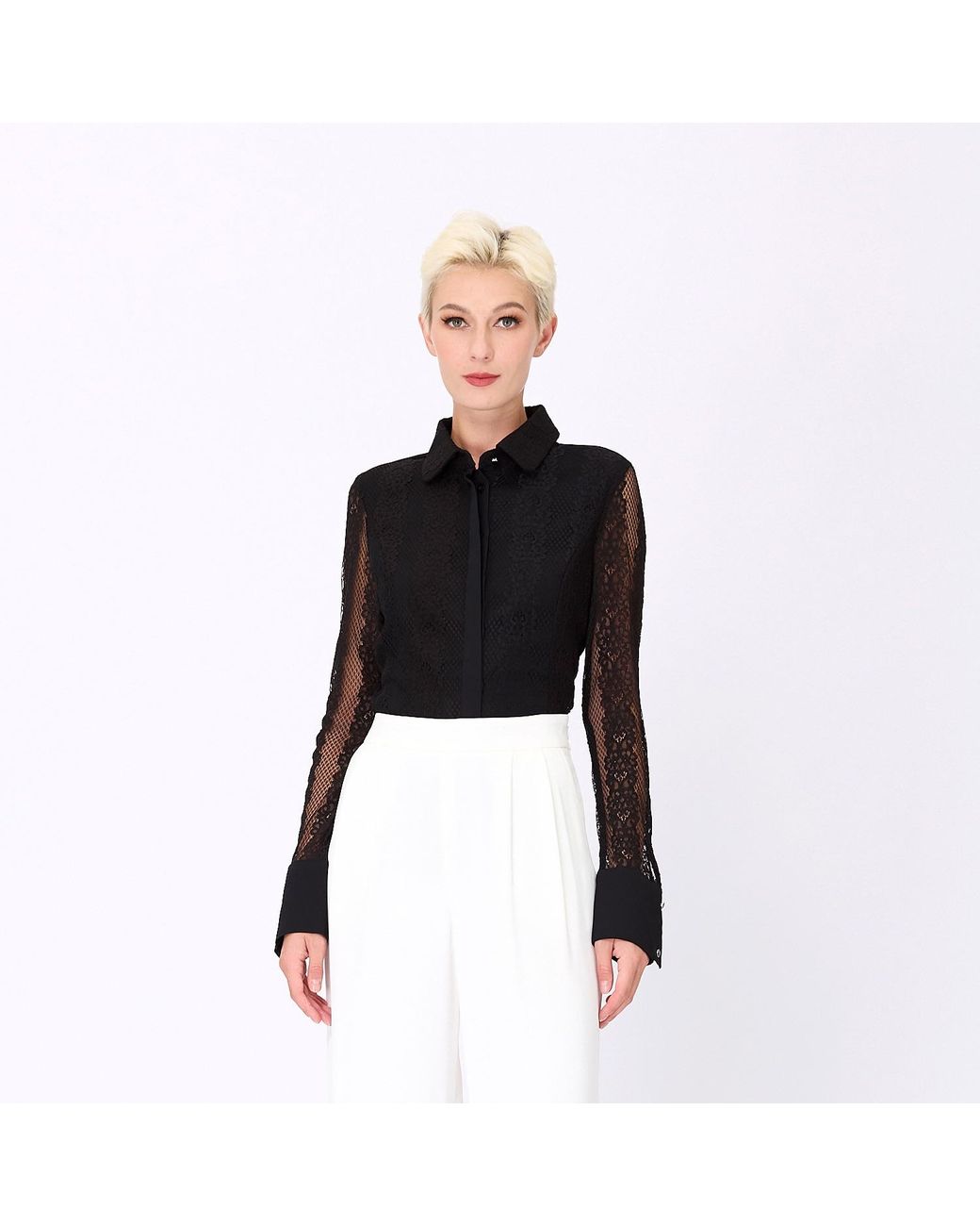 Smart and Joy Blue Fitted Long Sleeves Lace Shirt