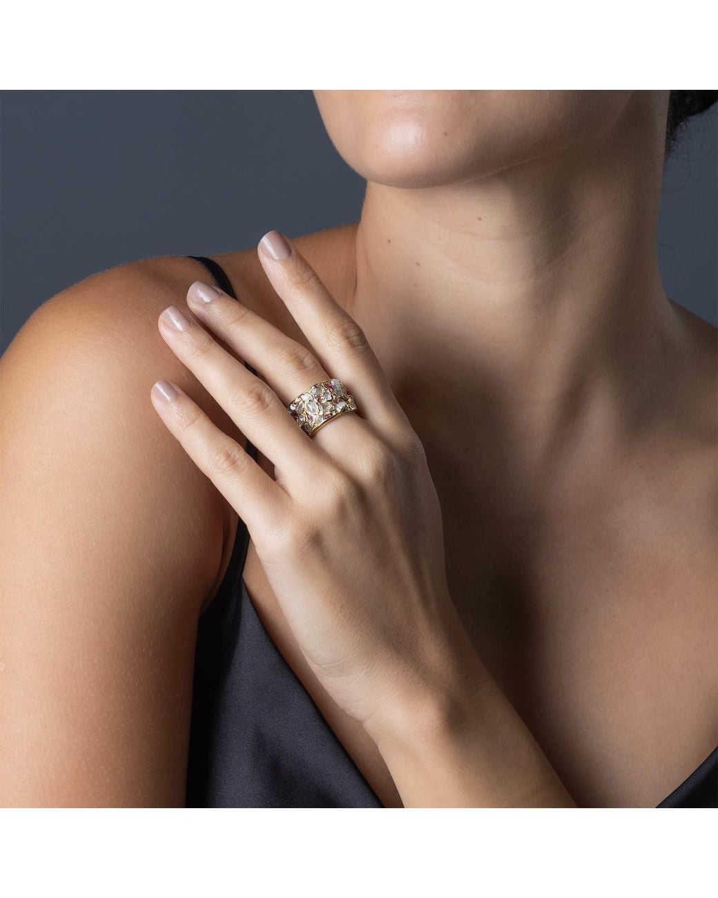 German Kabirski Metallic Lythara Barrel Plated Ring With Zircon And Ruby