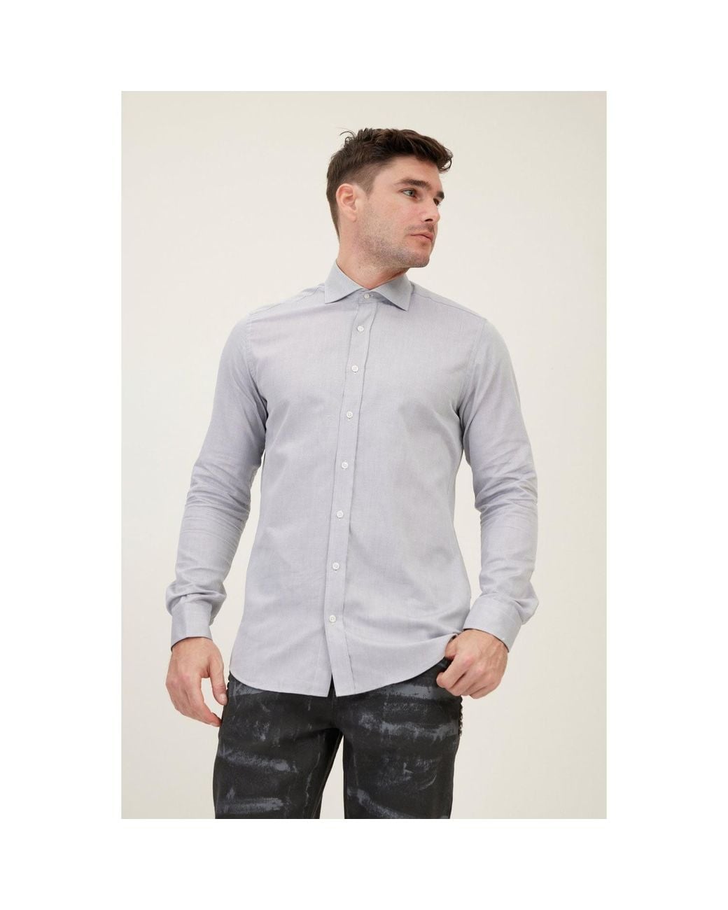 Ron Tomson Gray Pure Cotton Spread Collar Fitted Dress Shirt for men