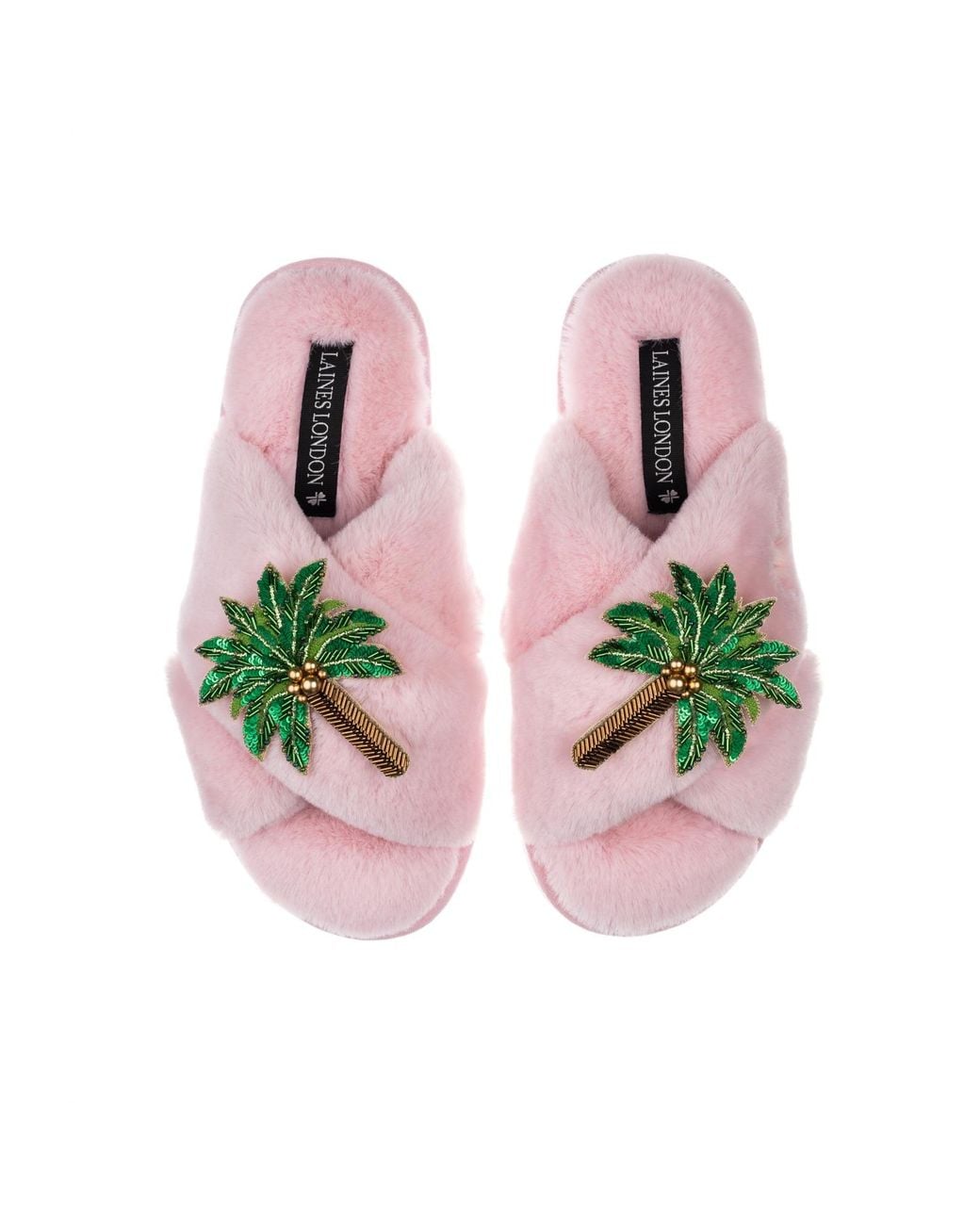 Laines London Pink Classic Laines Slippers With Double Palm Tree Brooches