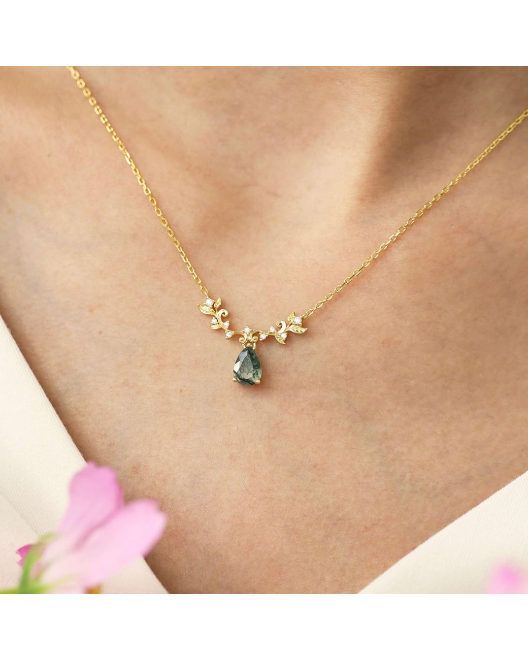 Azura Jewelry New York Metallic Foliage Whispers Moss Agate Necklace Vermeil