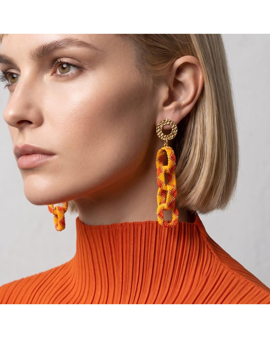 Iliana Arrazola Orange Bold Chunky Link, Dangle Earrings, And, Glass Beads, Beaded Jewelry