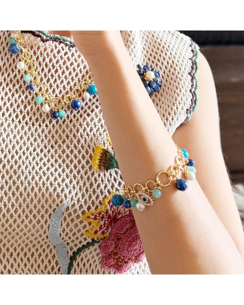 Farra Blue Lapis Lazuli Amazonite And Pearl Turkish Evil Eye Charm Bracelet
