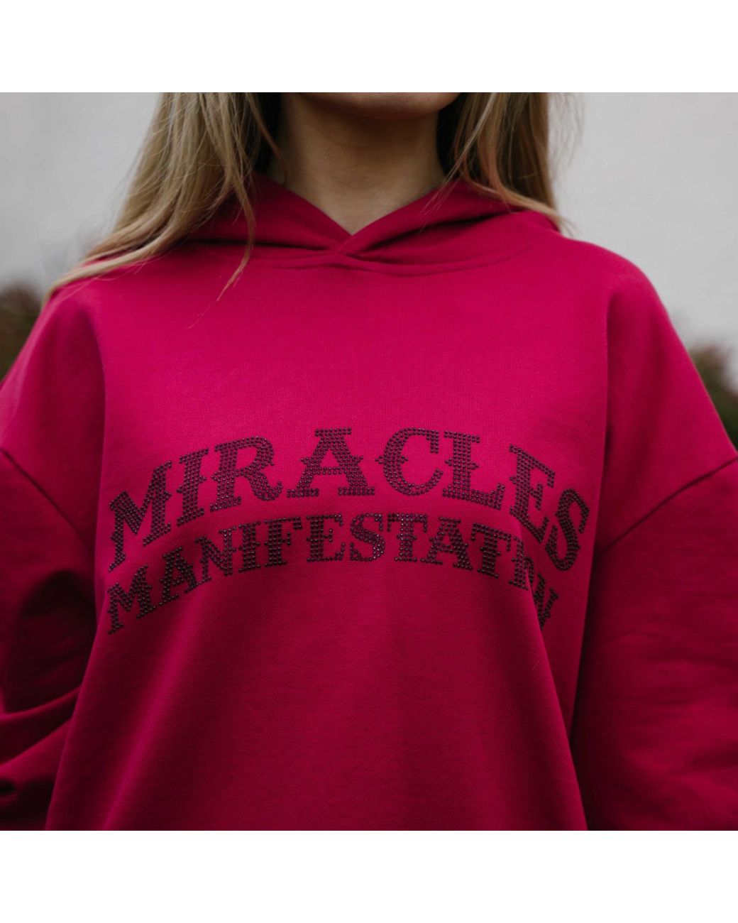 Miracles Manifester Red Positive Affirmation Hoodie With Rhinestone Design