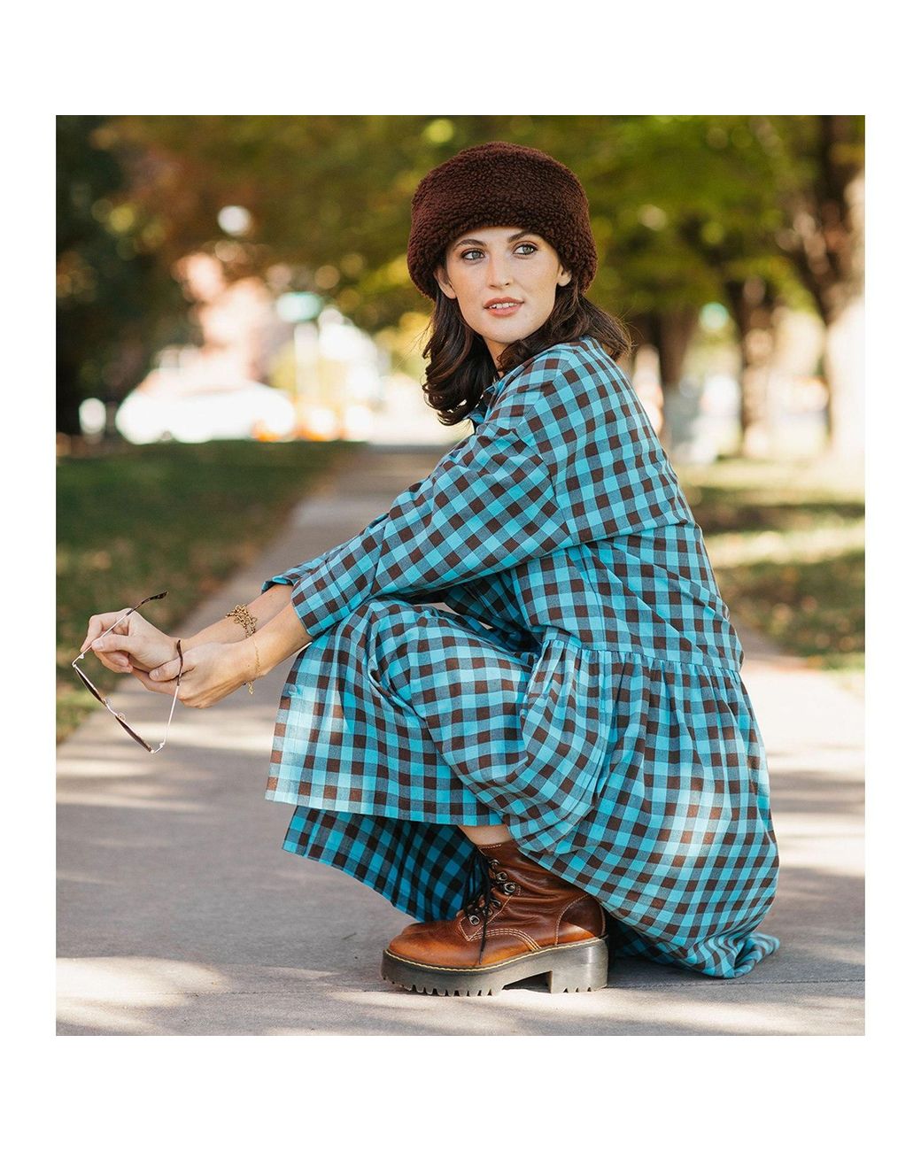 Zenzee Blue Cotton Linen Gingham Shirt Dress