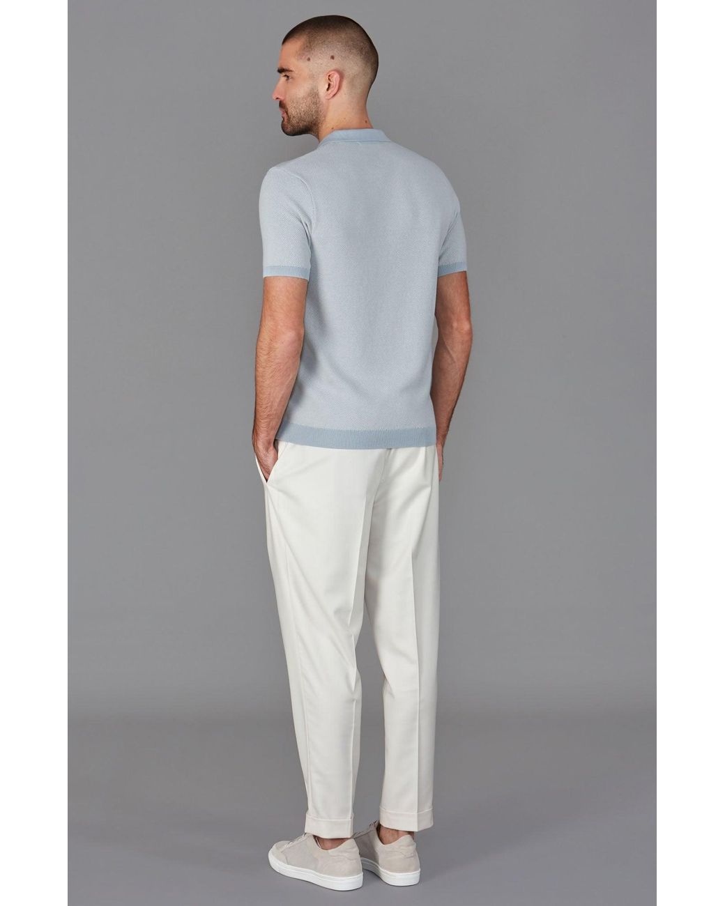 Paul James Knitwear Blue Lightweight Cotton Pietro Two Tone Textured Polo Shirt for men