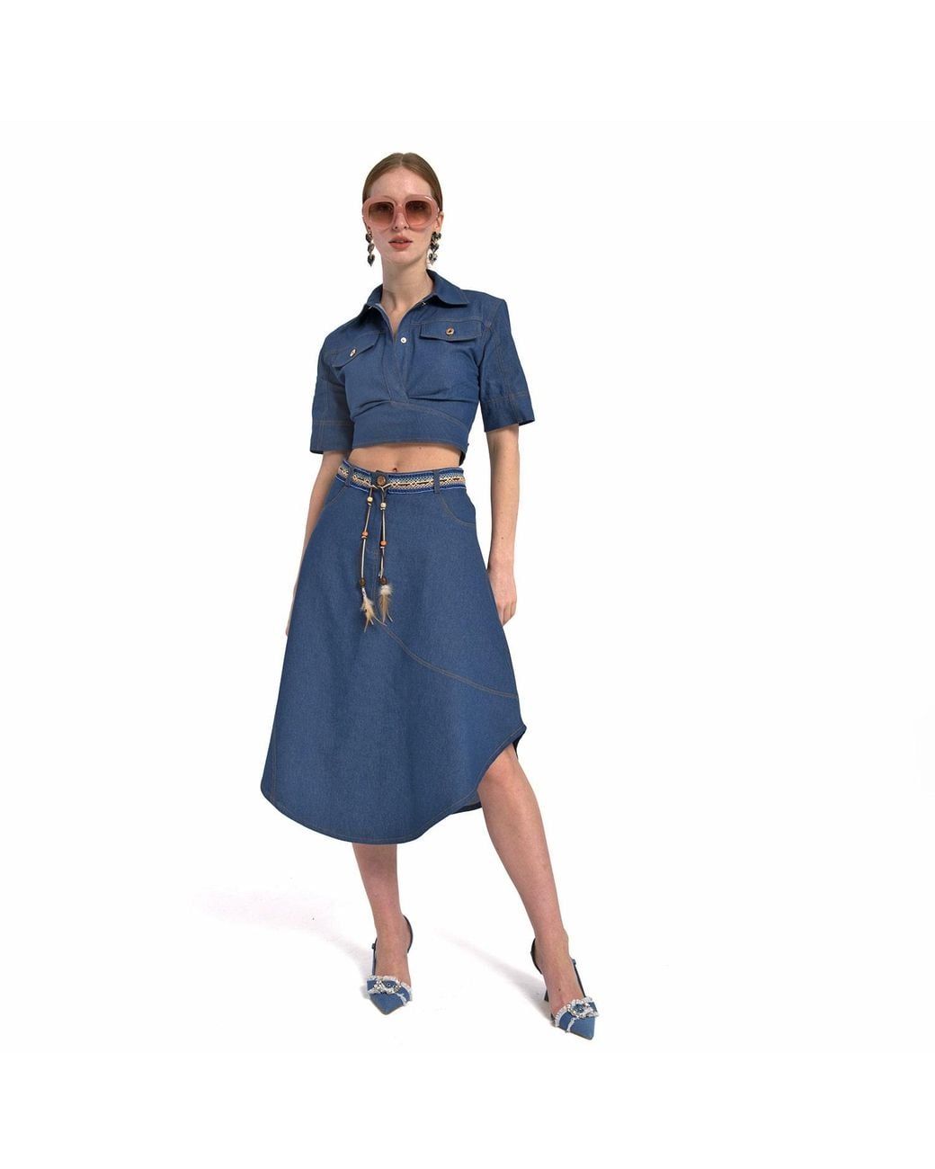 Lalipop Design Blue Fitted Cropped Denim Shirt